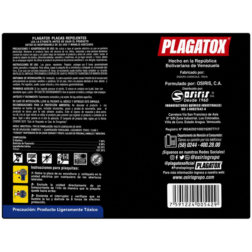 Otro lado del empaque de Plagatox Placas Repelentes Antizancudos 12 Unidades