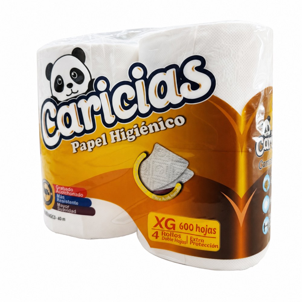 Otro lado del empaque de Papel Higiénico Caricias XG 600 Hojas - 4 rollos