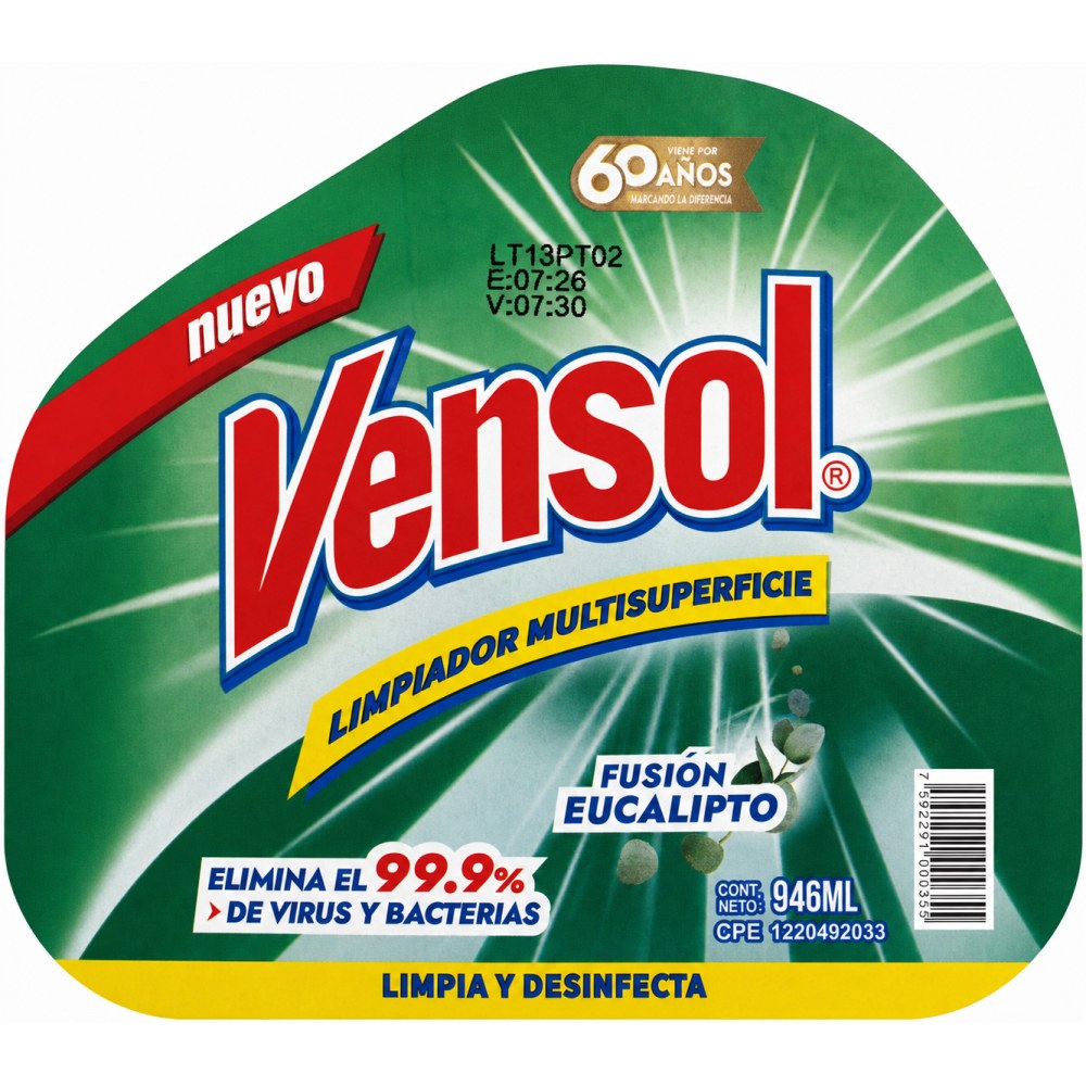 Otro lado del empaque de Limpiador Multisuperficie Vensol Eucalipto 946 ml