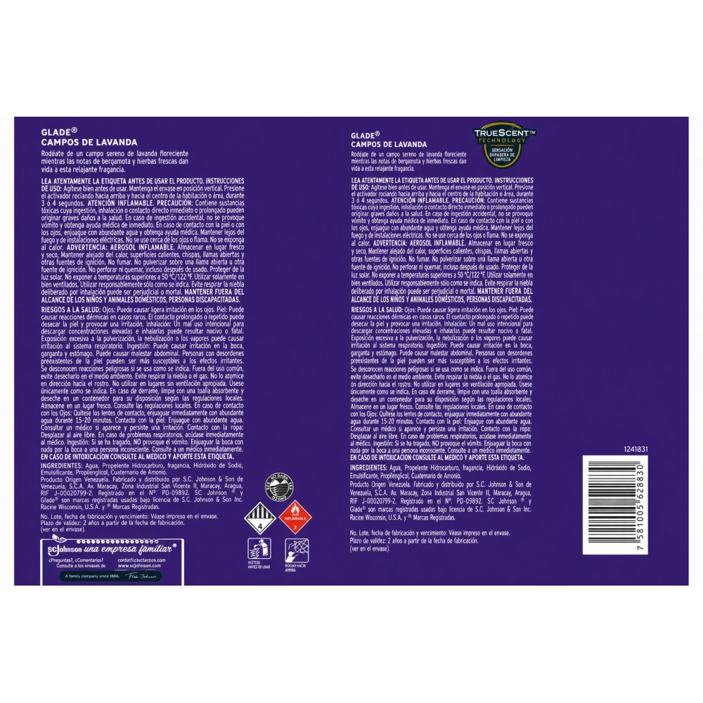 Otro lado del empaque de Glade Aromatizante en Aerosol Campos de Lavanda - 360 ml