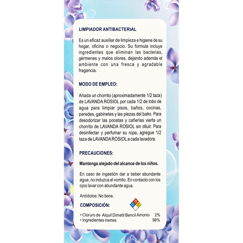 Otro lado del empaque de Limpiador Antibacterial Rosiol Lavanda - 20 Litros