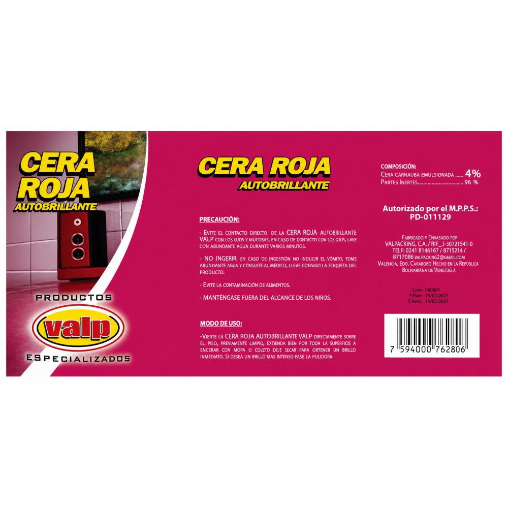 Otro lado del empaque de Cera Roja Autobrillante Valp - 1350 Litros