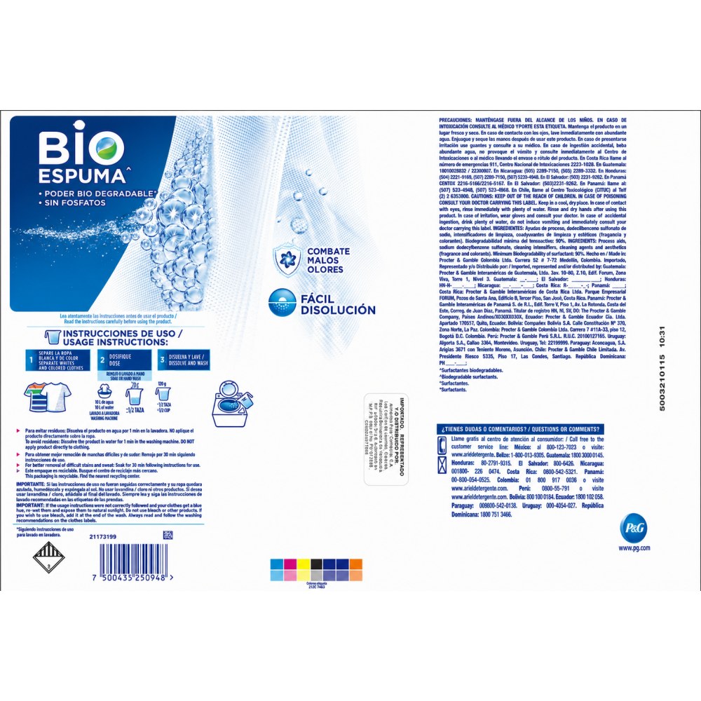 Otro lado del empaque de Detergente en Polvo Bio Espuma Ariel - 2Kg