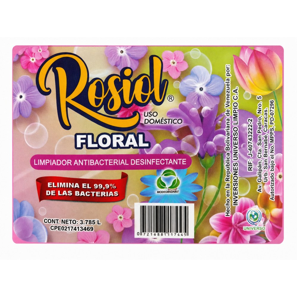 Otro lado del empaque de Limpiador Antibacterial Rosiol Floral - 3,785 Litros