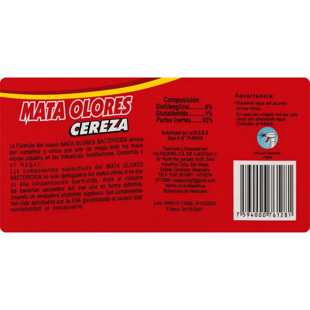 Otro lado del empaque de Mata Olores Bactericida Valp - Cereza - 3,785 Litros