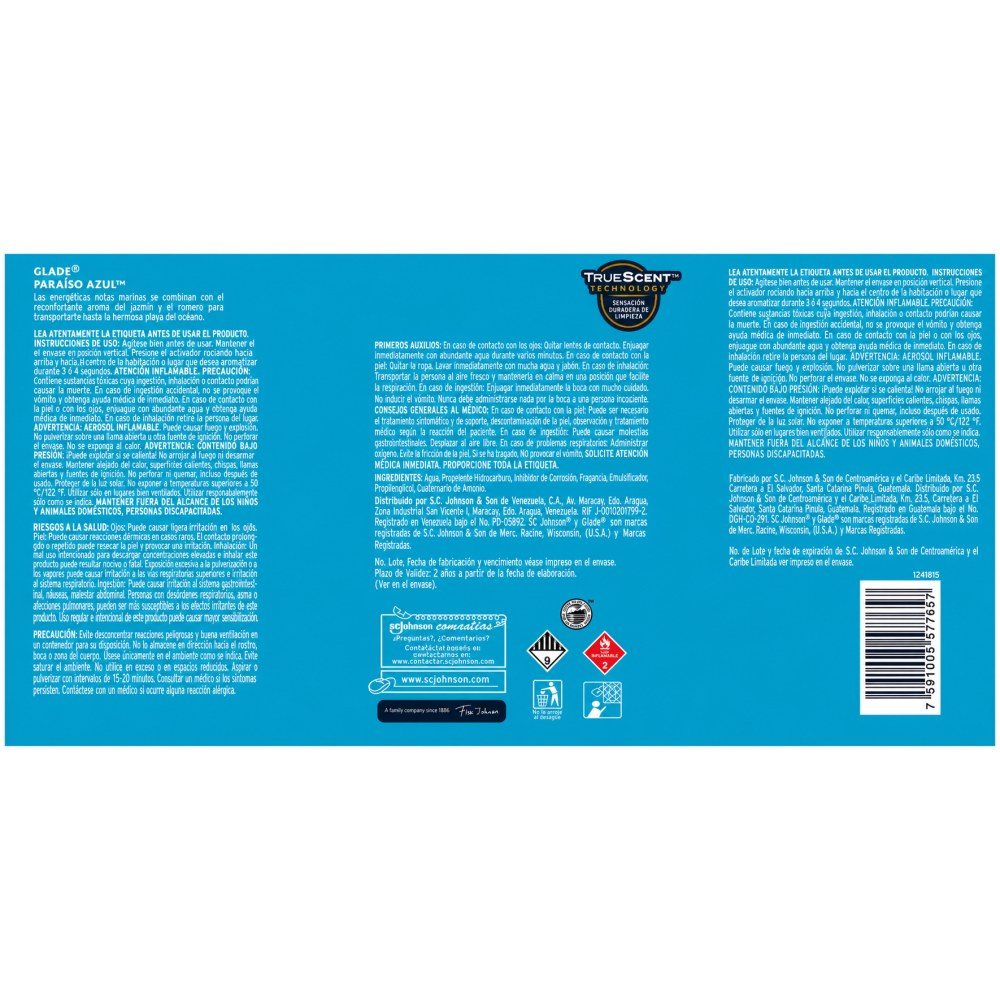 Otro lado del empaque de Glade Aromatizante en Aerosol Paraíso Azul - 360 ml
