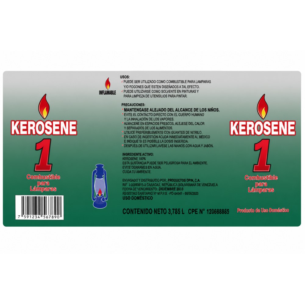Otro lado del empaque de Kerosene Opín - 3,785 Litros