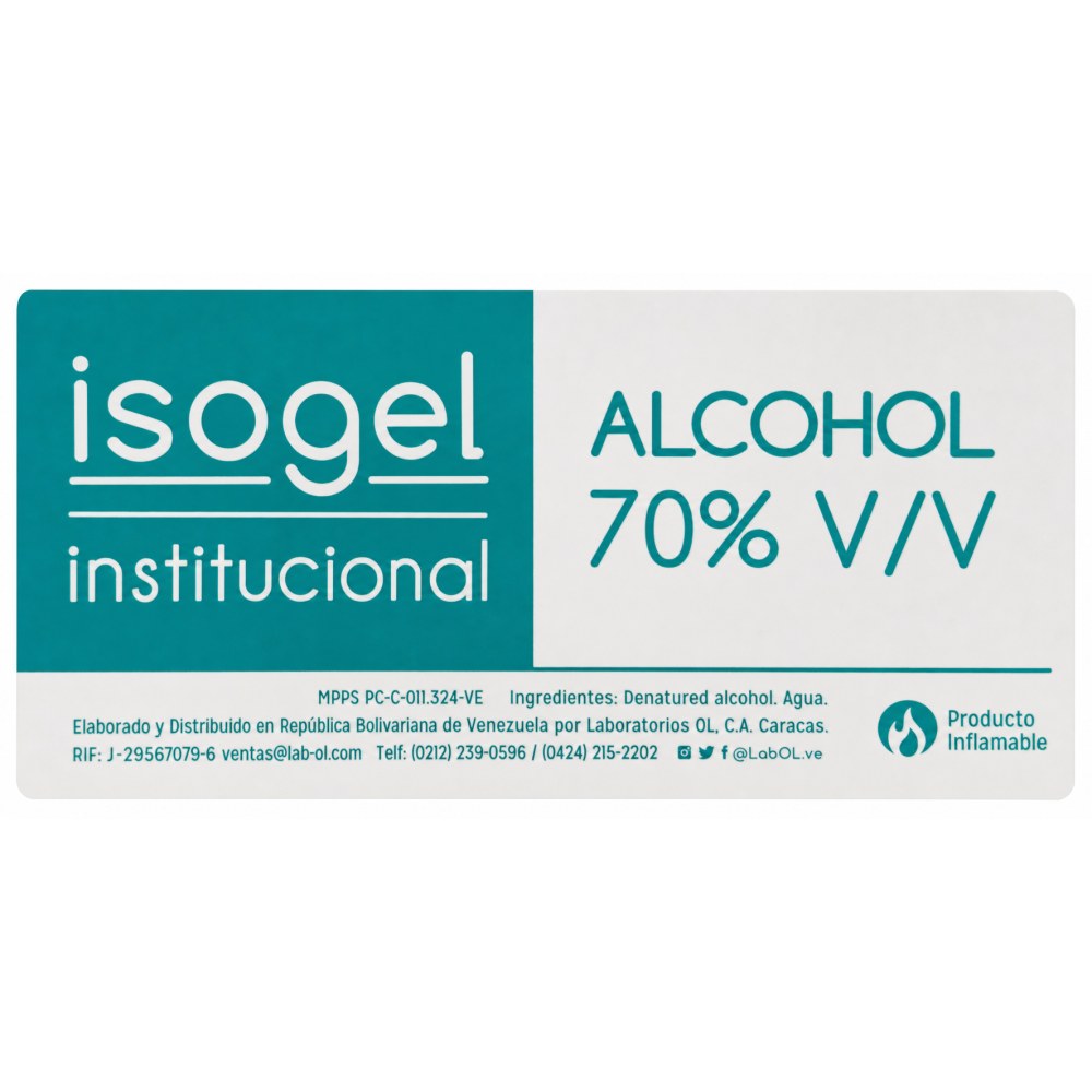 Otro lado del empaque de Isogel Alcohol 70% V/V Institucional