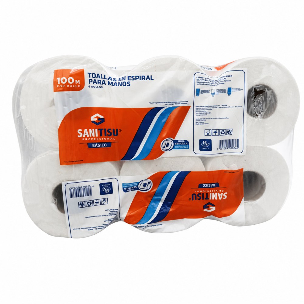 Otro lado del empaque de Toallas en Espiral Sanitisu Básico - 100 Metros - 6 Rollos